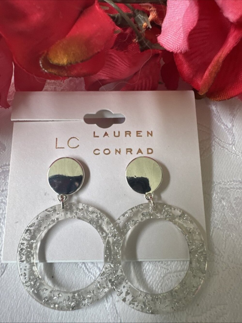 LC Lauren Conrad  Silver Acrylic Shimmer Dangle Drop Hoop Earrings 1 3/4" NEW